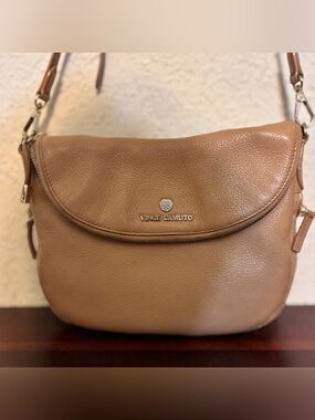 Vince Camuto Camel/Tan Pebbled Genuine Leather Crossbody with Logo Accent